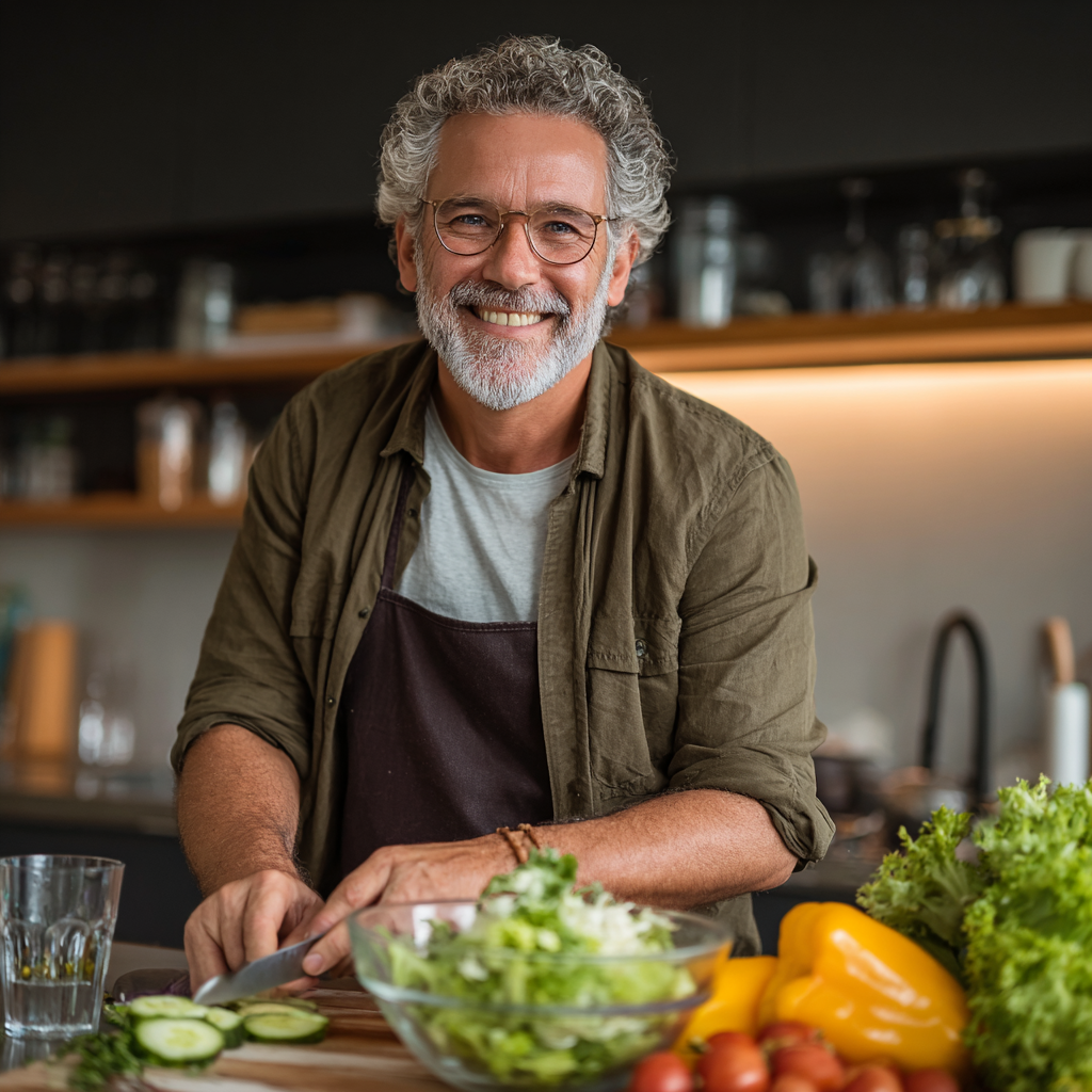 Чоловік 58 років з сивими скронями готує салат з свіжих овочів на сучасній кухні, посміхаючись до камери