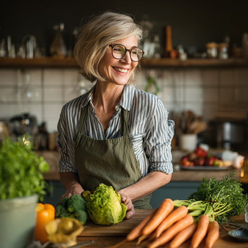 Жінка 55 років готує здорову їжу на кухні, усміхаючись і тримаючи свіжі овочі